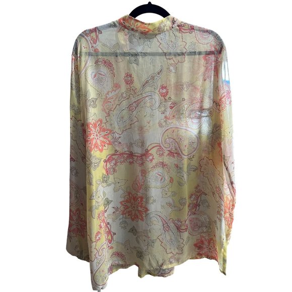 Susan Graver XL sheer yellow floral print long sleeve pin tuck v neck Boho top - Picture 3 of 7